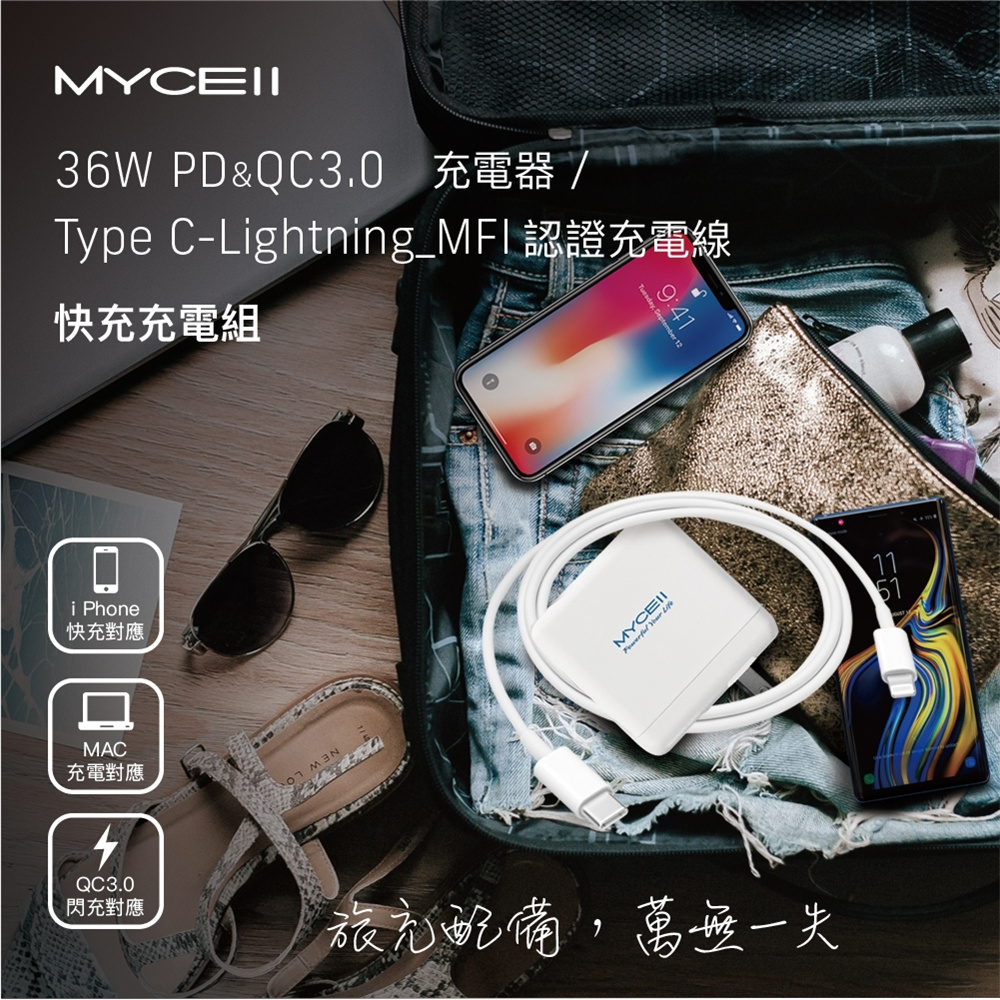 MYCELL【套裝組】36W雙孔電源供應器＋MFI認證PD 傳輸線